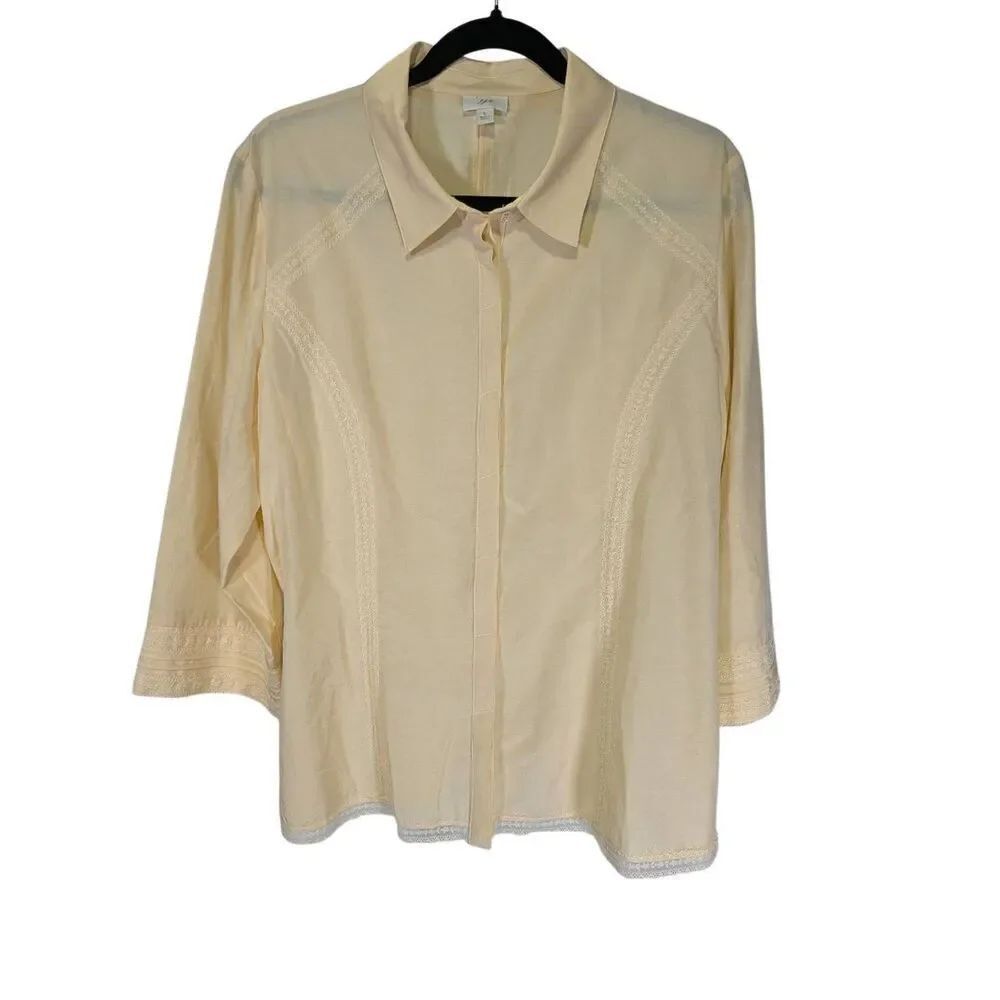 J Jill Butter Yellow Cotton 3/4 Sleeve Feminine Top Blouse Women’s Size L